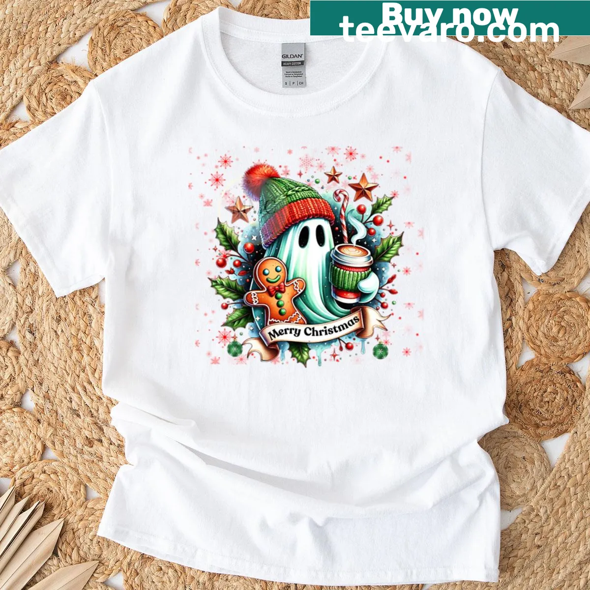 Holiday message 'Merry Christmas Happy New Year' on a casual tee — on a men's t-shirt