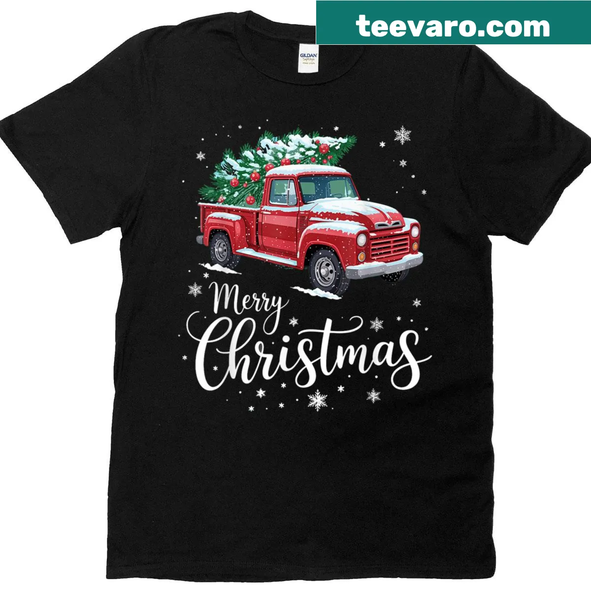 Illustration of a red truck with Christmas decorations on a t-shirt — on a men's t-shirt