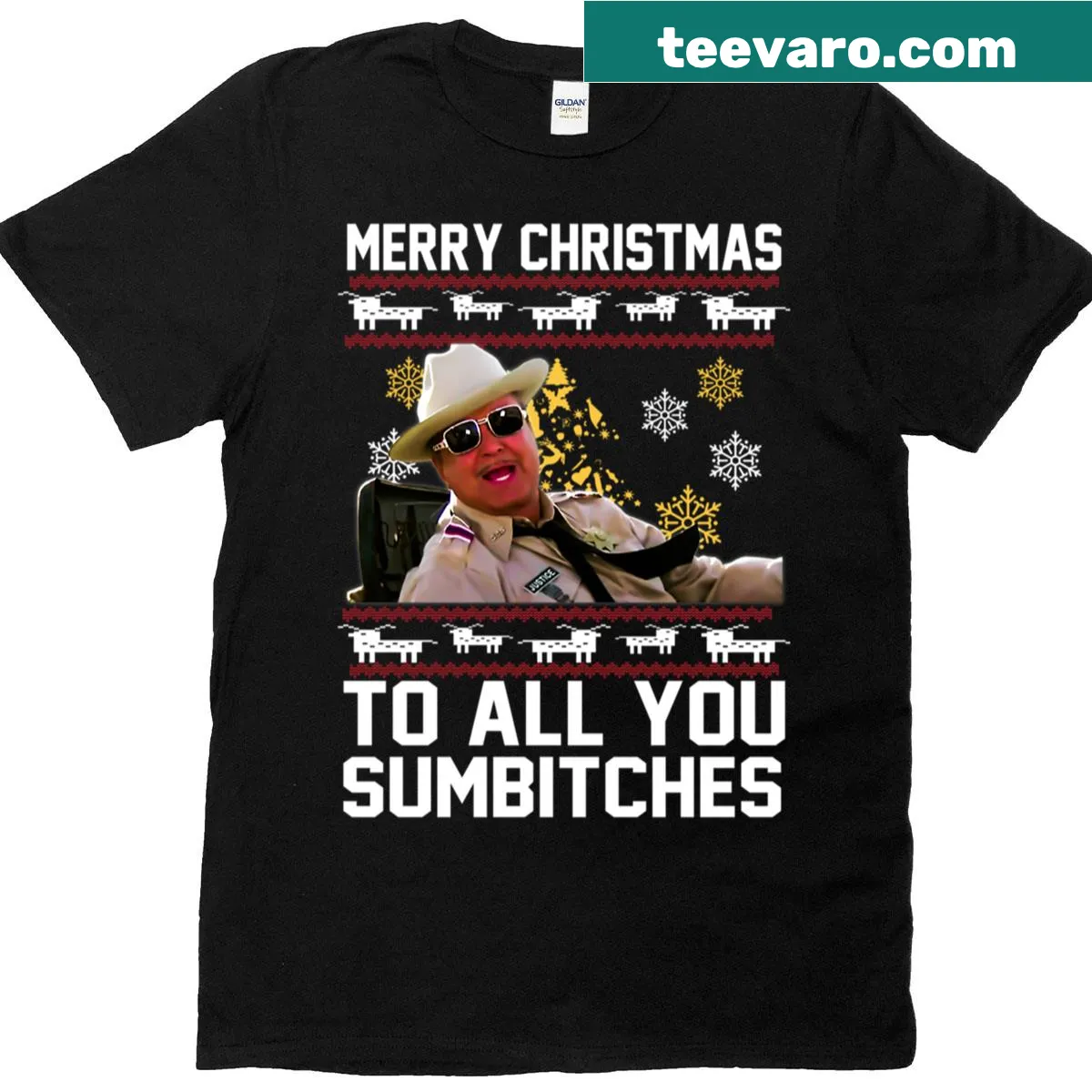Funny Christmas greeting graphic from Smokey and the Bandit on t-shirt — on a men's t-shirt