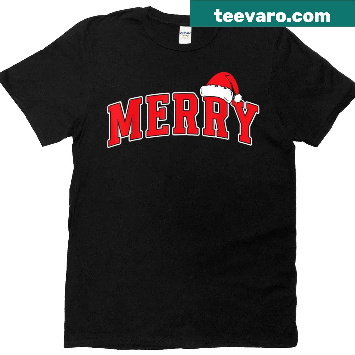 Vintage-style Christmas t-shirt with varsity text and a Santa hat — on a men's t-shirt