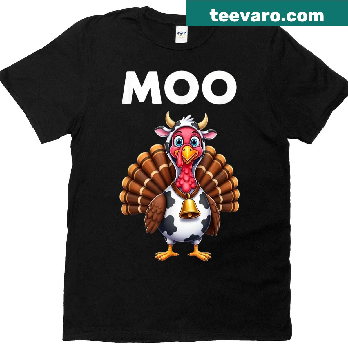 Sarcastic Thanksgiving tee with cow and turkey graphic — on a men's t-shirt