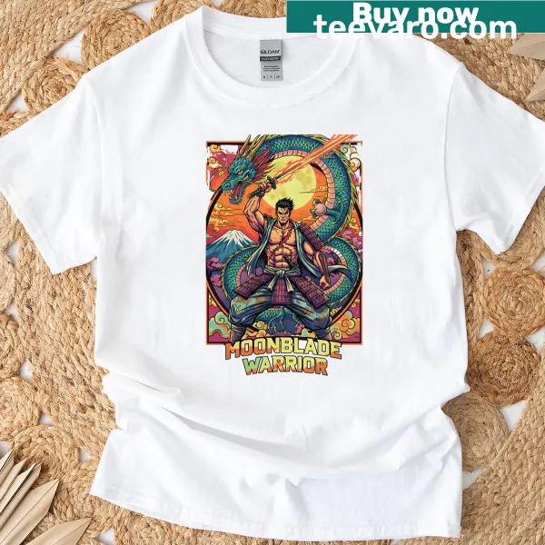 Anime style graphic of a Moon Blade Warrior on a T-shirt