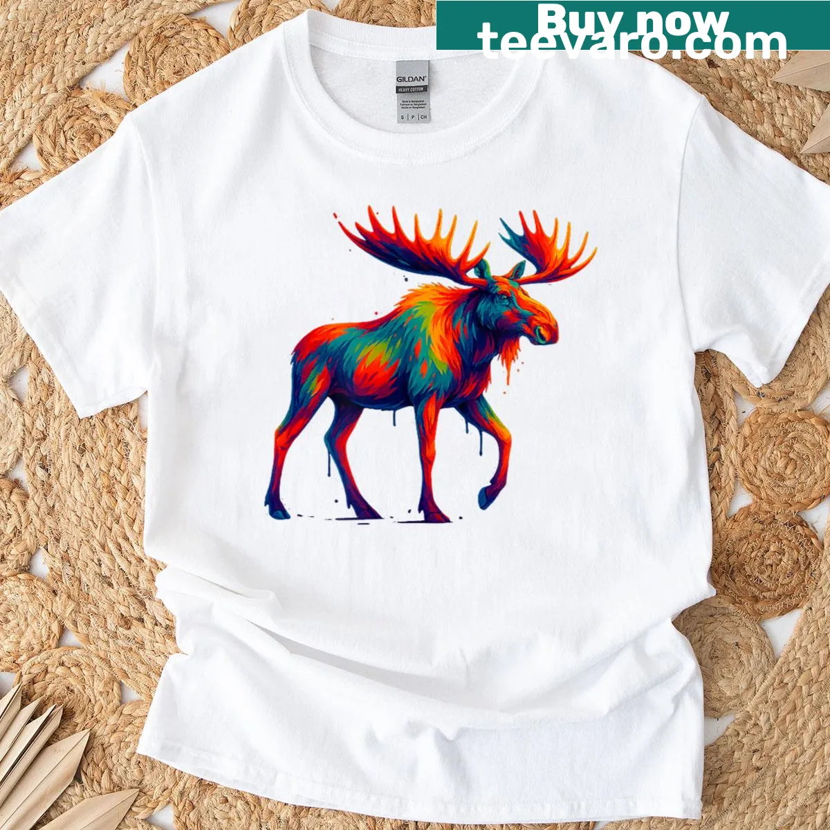 Playful moose illustration with paint drip design on a kids' tee — on a men's t-shirt