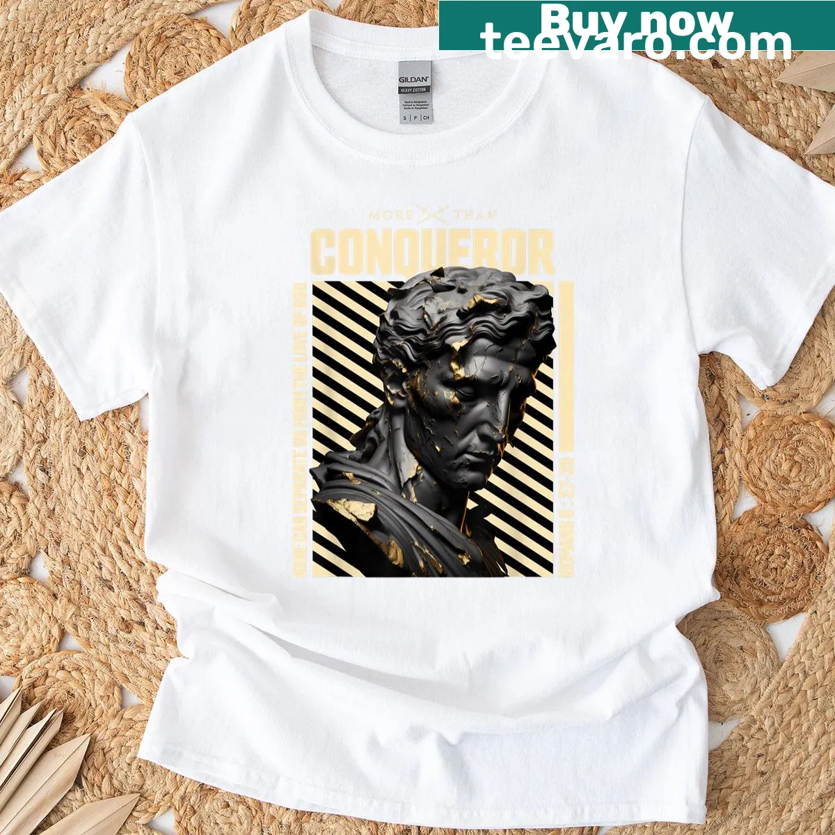 Inspirational Romans 8 themed T-shirt with 'More Than Conqueror' text — on a men's t-shirt