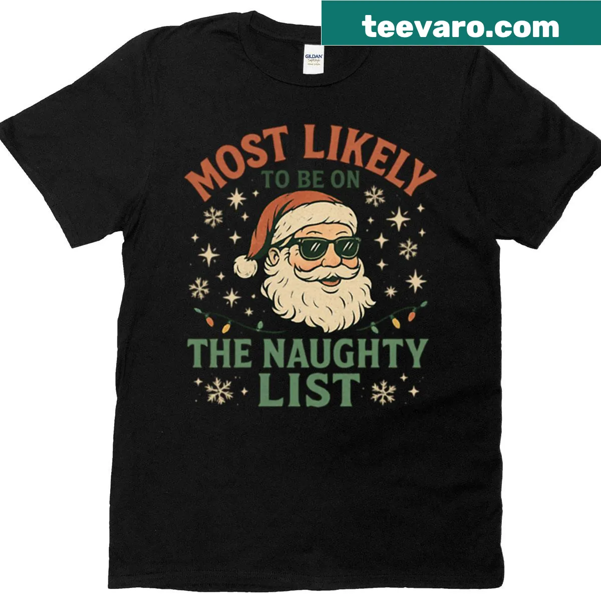 Vintage Santa T-shirt with 'Most Likely To Be On The Naughty List' text — on a men's t-shirt