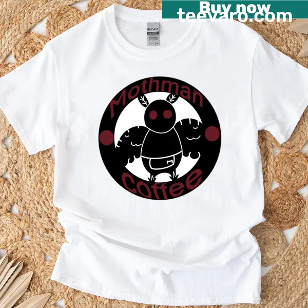 Mothman Coffee t-shirt with whimsical illustration