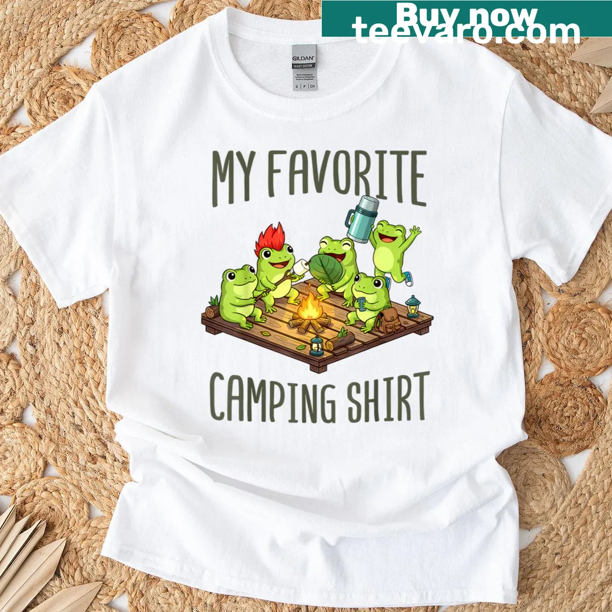 Cute frog campfire illustration on kids T-shirt — on a men's t-shirt