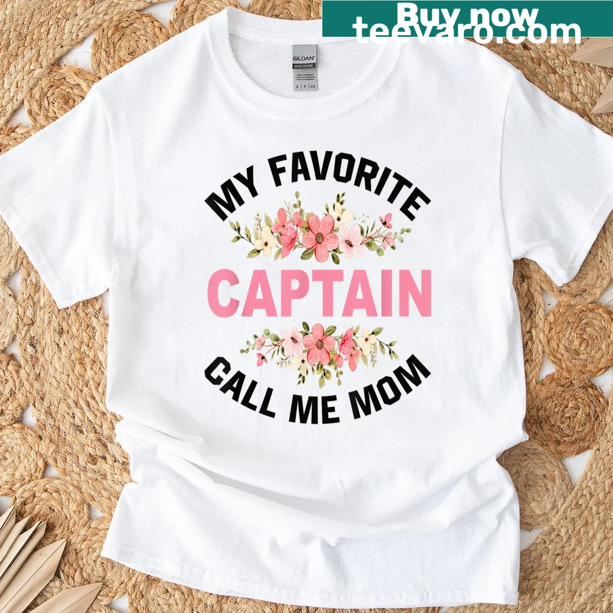 Nautical-themed t-shirt featuring 'My Favorite Captain, Call Me Mom' text — on a men's t-shirt
