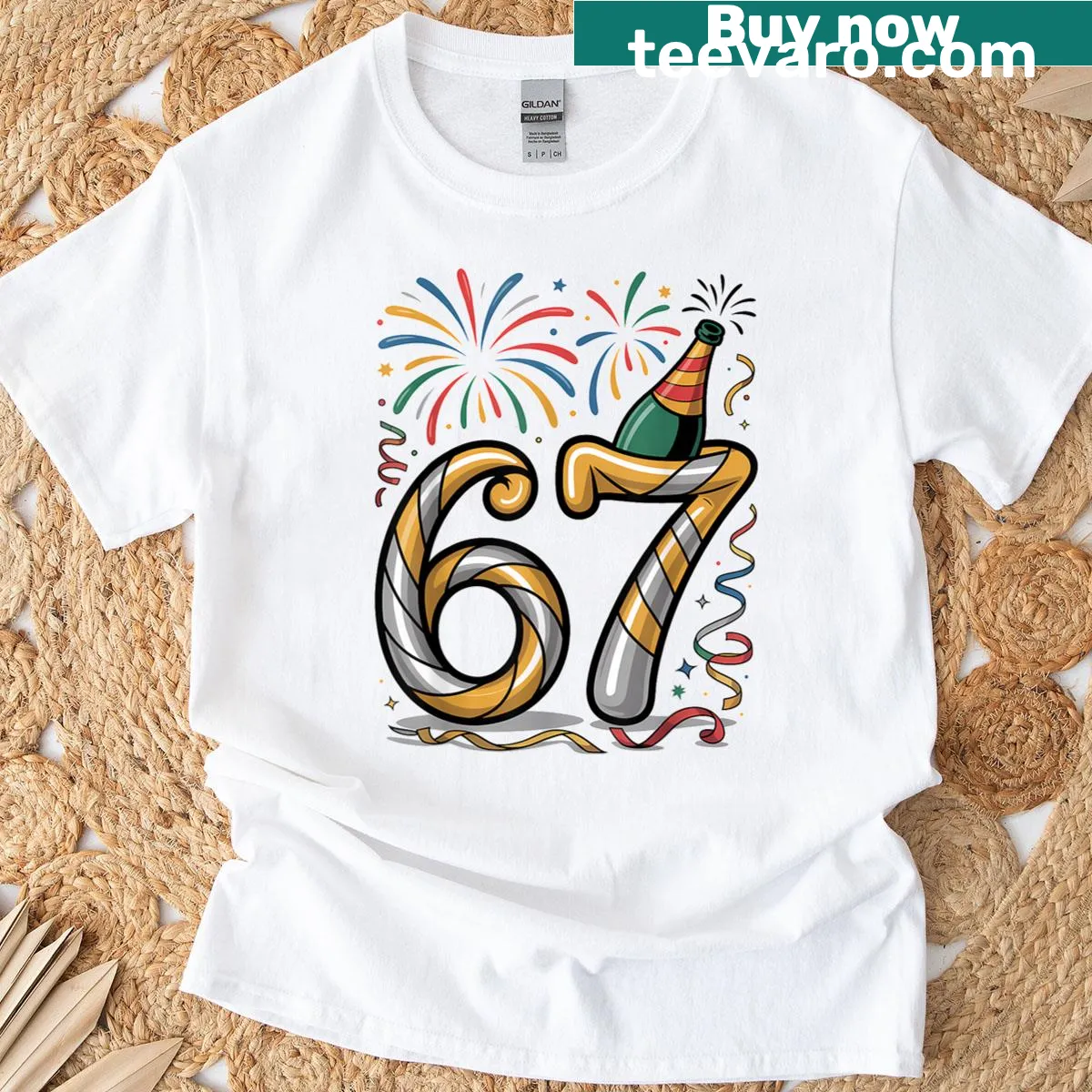 Meme shirt celebrating the 67th birthday with playful text. — on a men's t-shirt