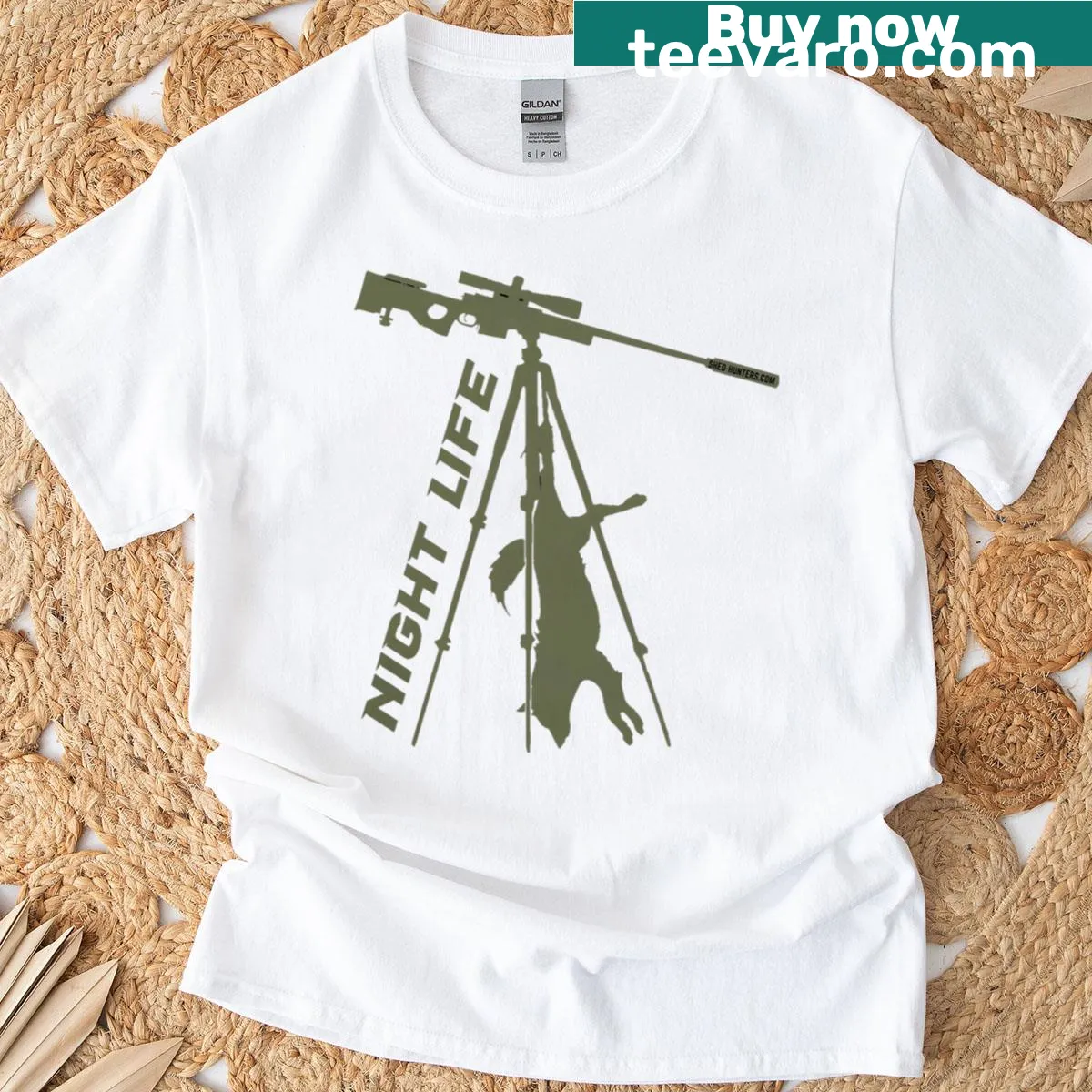 Coyote Hunter t-shirt with a night life hunting graphic — on a men's t-shirt