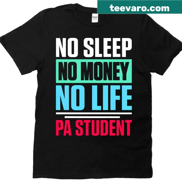Bold typography t-shirt stating 'No Sleep No Money No Life' for students