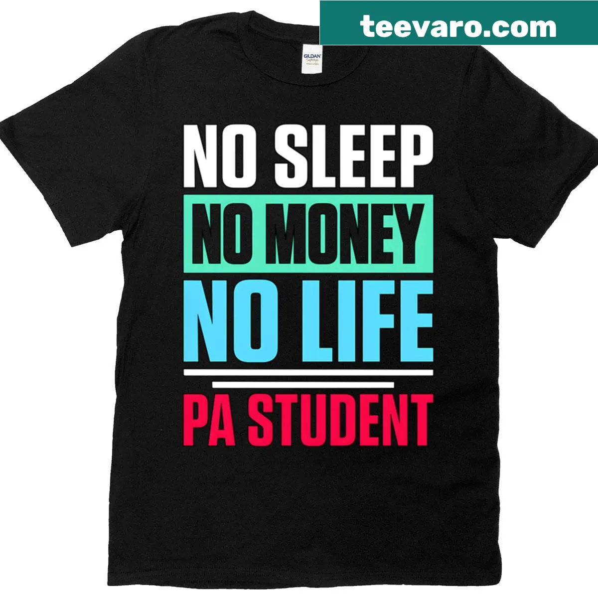 Bold typography t-shirt stating 'No Sleep No Money No Life' for students — on a men's t-shirt