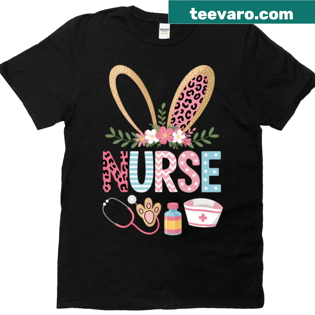 Cute Easter bunny with a stethoscope graphic on a nurse-themed t-shirt — on a men's t-shirt