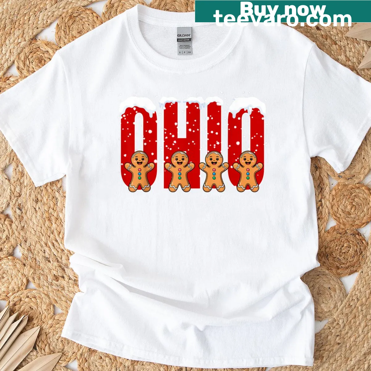 Vintage-style O-h-i-o t-shirt with gingerbread design and fun text — on a men's t-shirt