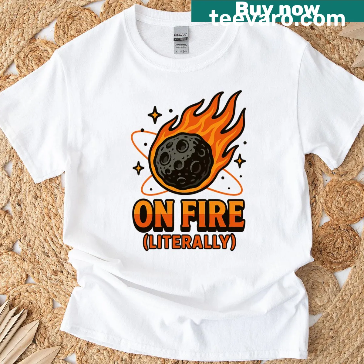 Cartoon meteor with the text 'On Fire Literally' on a humorous tee — on a men's t-shirt