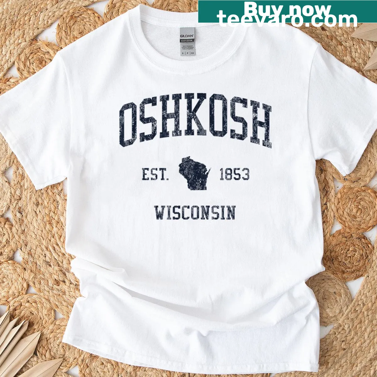 Vintage athletic t-shirt with Oshkosh Wi Jn1 design — on a men's t-shirt