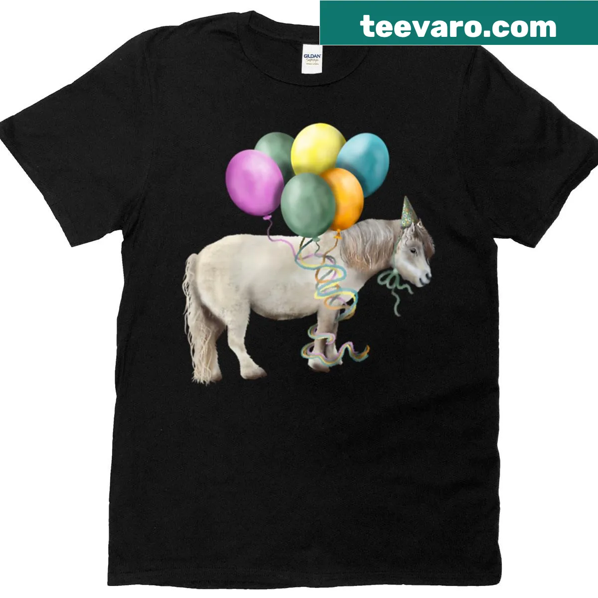 Illustration of a Shetland pony with colorful party balloons on a T-shirt. — on a men's t-shirt