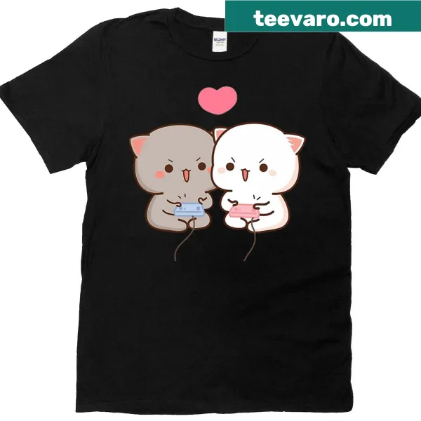 Cute kawaii cat duo graphic on gaming t-shirt
