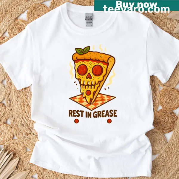 Humorous pizza skull design on a casual T-shirt