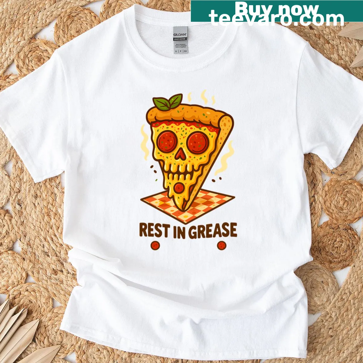 Humorous pizza skull design on a casual T-shirt — on a men's t-shirt