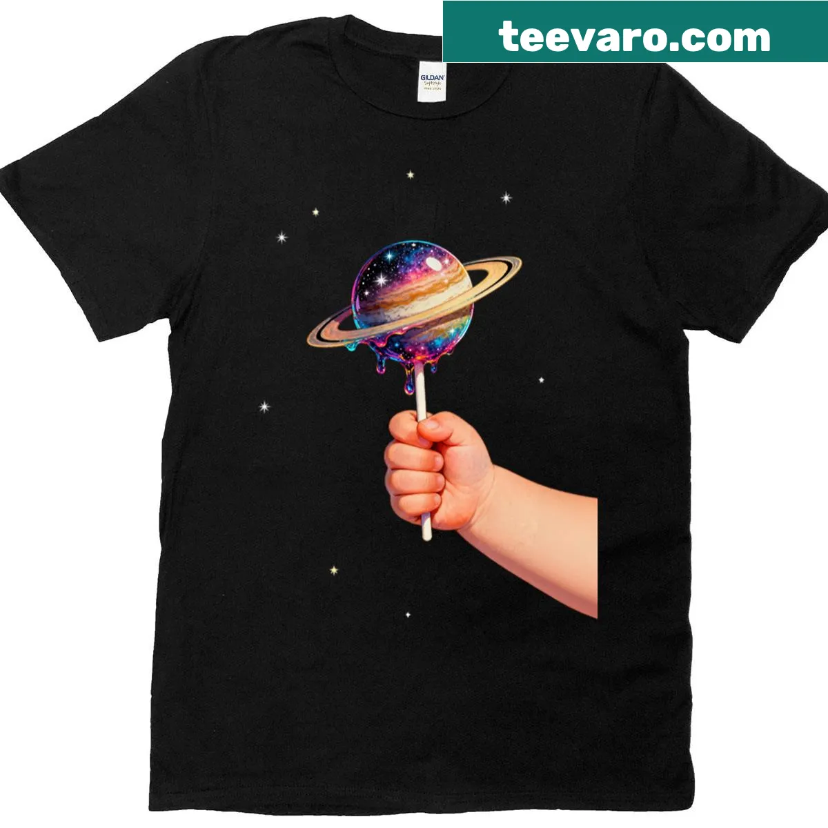 Whimsical T-shirt with an illustration of a lollipop-shaped planet. — on a men's t-shirt