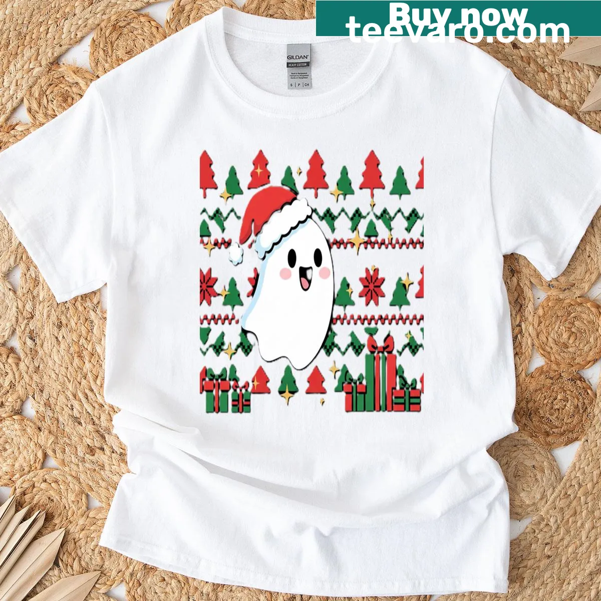 Playful Christmas ghost with gifts design on a festive tee — on a men's t-shirt