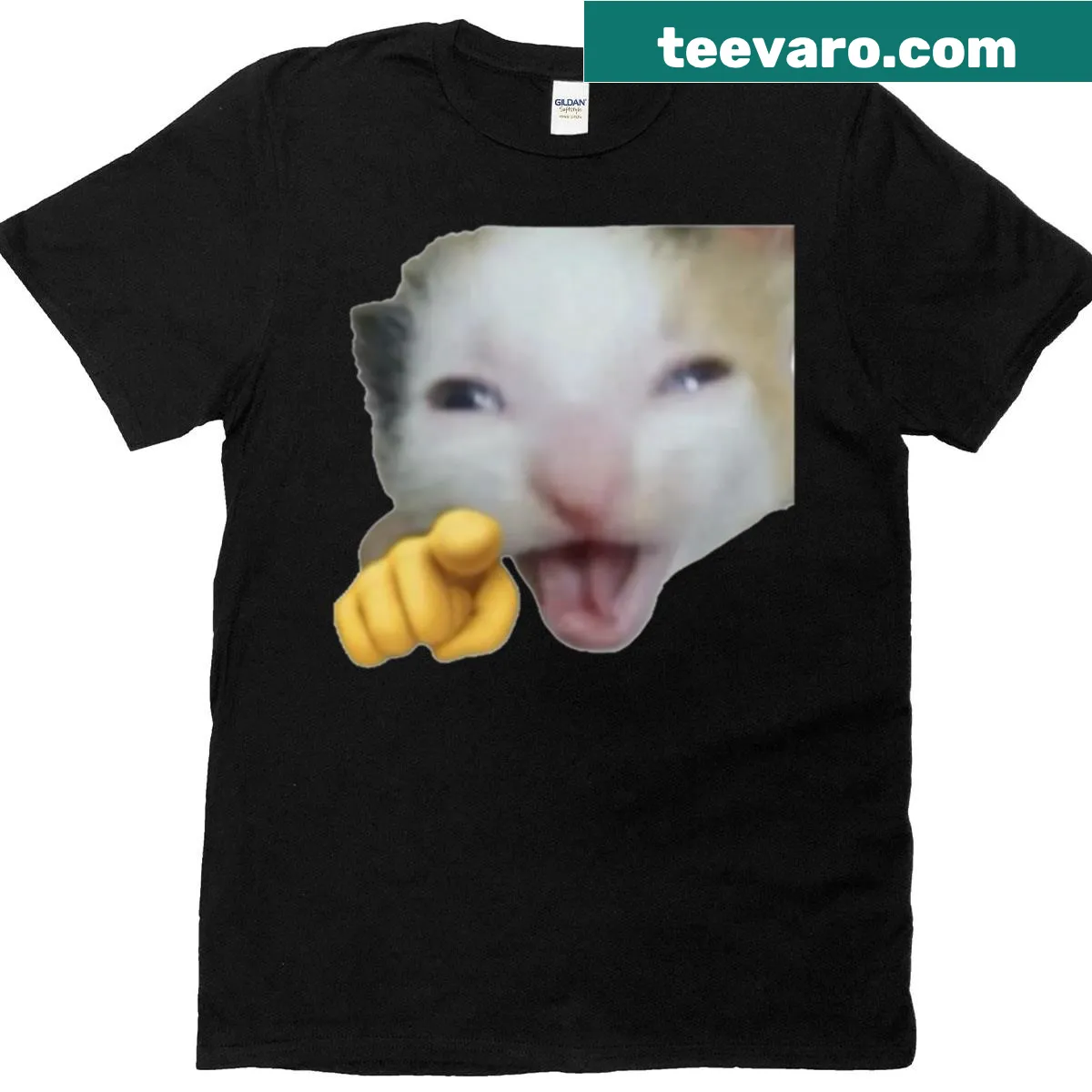 Humorous T-shirt featuring a laughing cat illustration — on a men's t-shirt