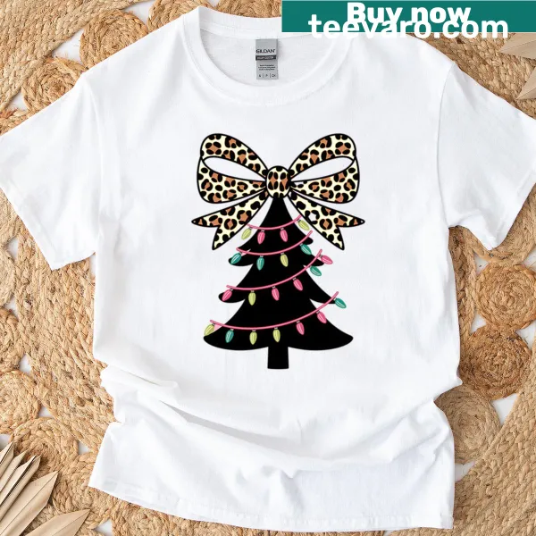 Cute holiday T-shirt with leopard bow and Christmas lights design.