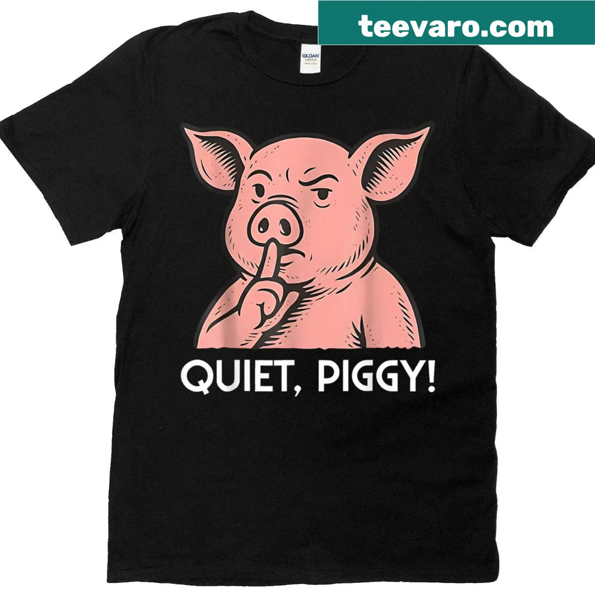 Cute T-shirt featuring a cartoon of a quiet pig — on a men's t-shirt