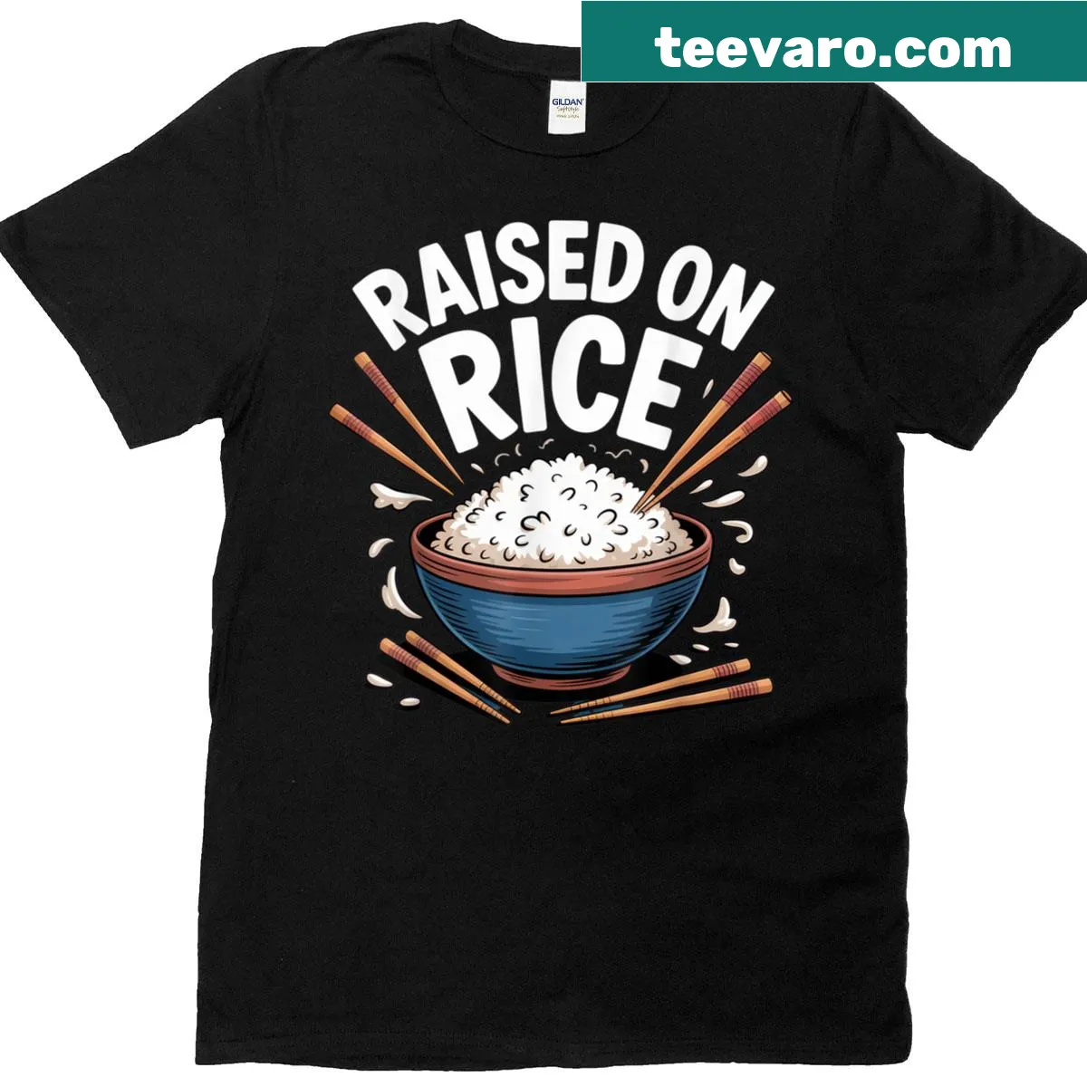 Food lover T-shirt with 'Raised On Rice' bowl design — on a men's t-shirt