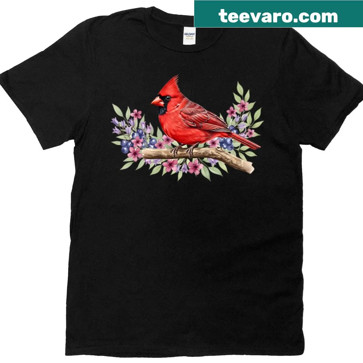Illustrated T-shirt featuring a red cardinal bird — on a men's t-shirt