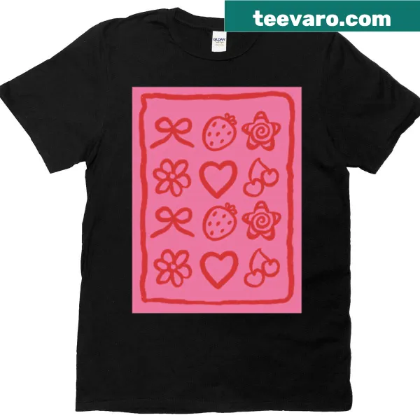 T-shirt with a playful red cherry sticker graphic