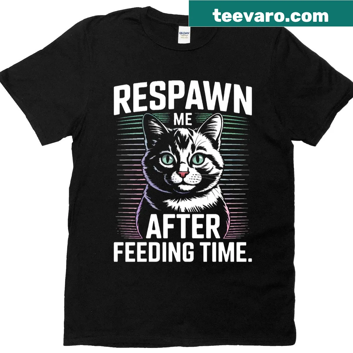 Retro graphic tee featuring a humorous cat feeding schedule design. — on a men's t-shirt