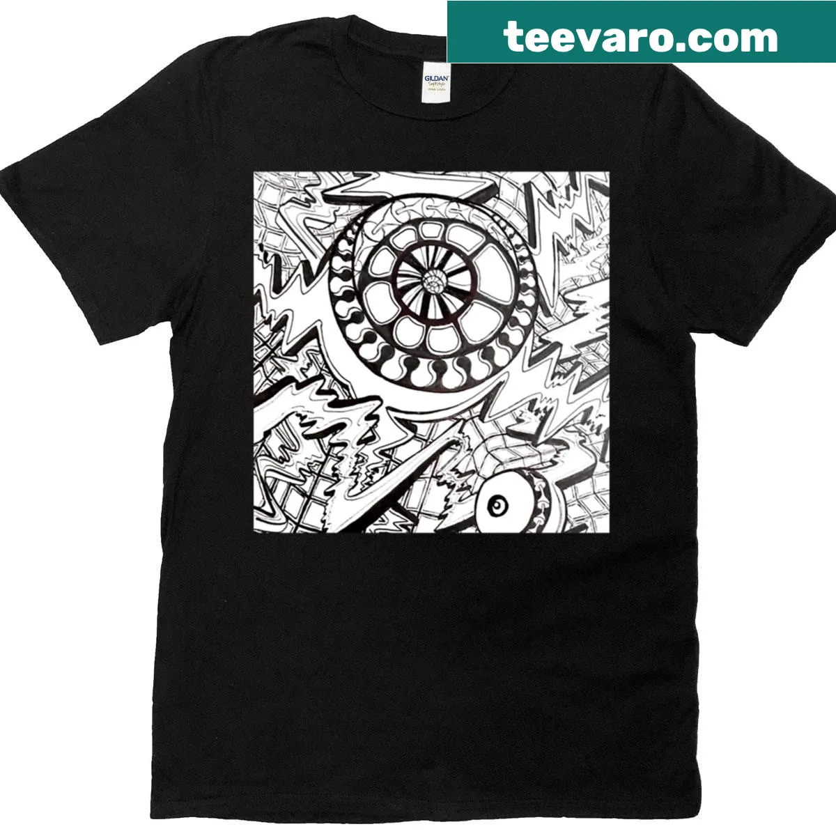 Retro futurism themed t-shirt with imaginative design — on a men's t-shirt