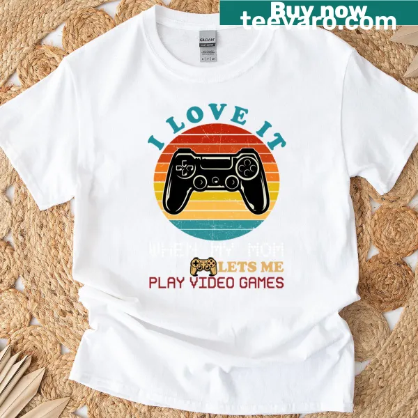 Retro gaming tee with text 'Mom Lets Me Play'