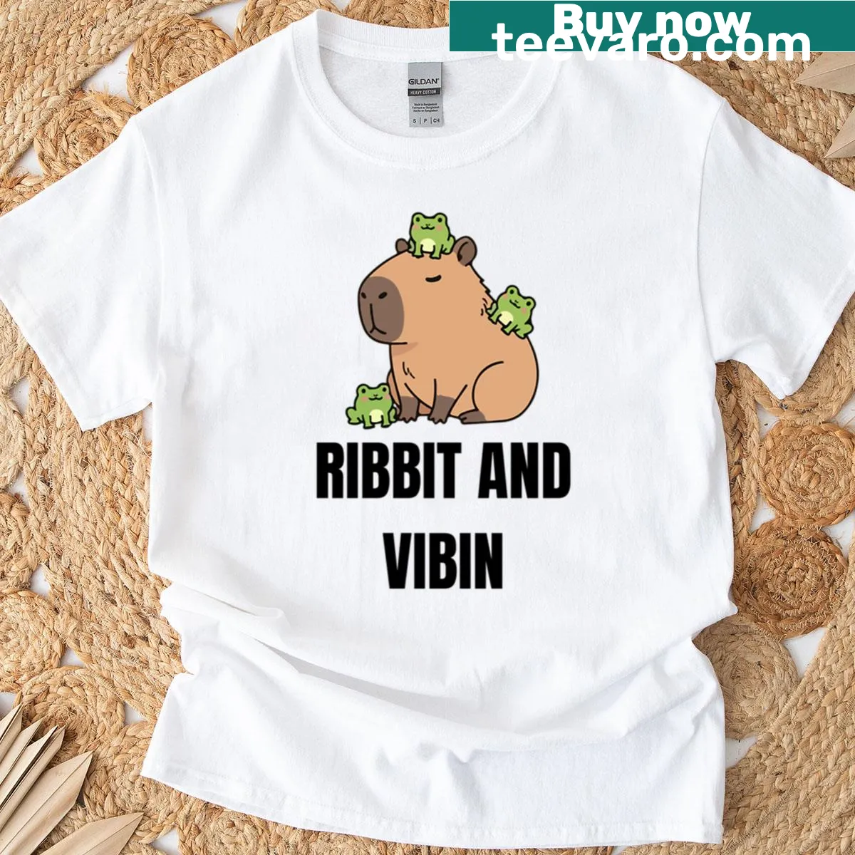 Cute T-shirt featuring frog and capybara illustration with text — on a men's t-shirt