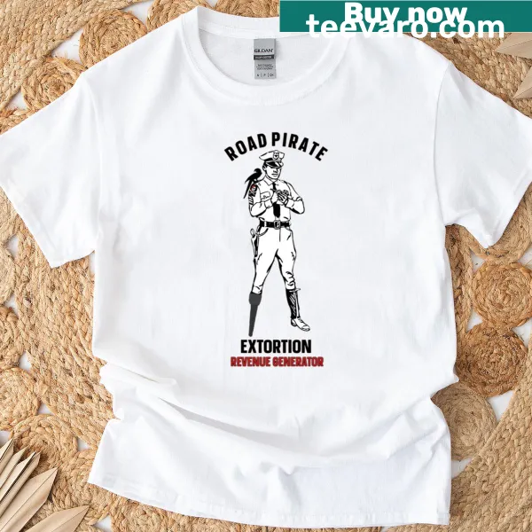 Illustration of a pirate ship on the road printed on a t-shirt