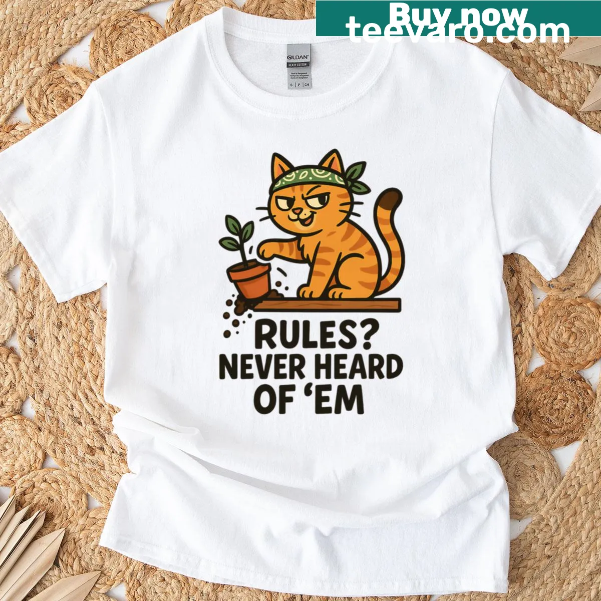 Funny cat and plant design t-shirt with humorous text — on a men's t-shirt