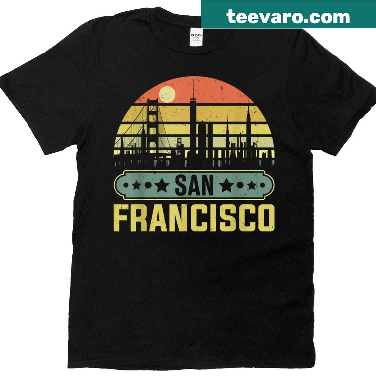 Illustrated T-shirt of San Francisco skyline and Golden Gate Bridge — on a men's t-shirt
