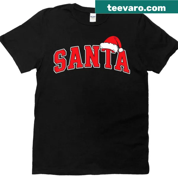 Santa-themed T-shirt with varsity-style text and a Santa hat graphic