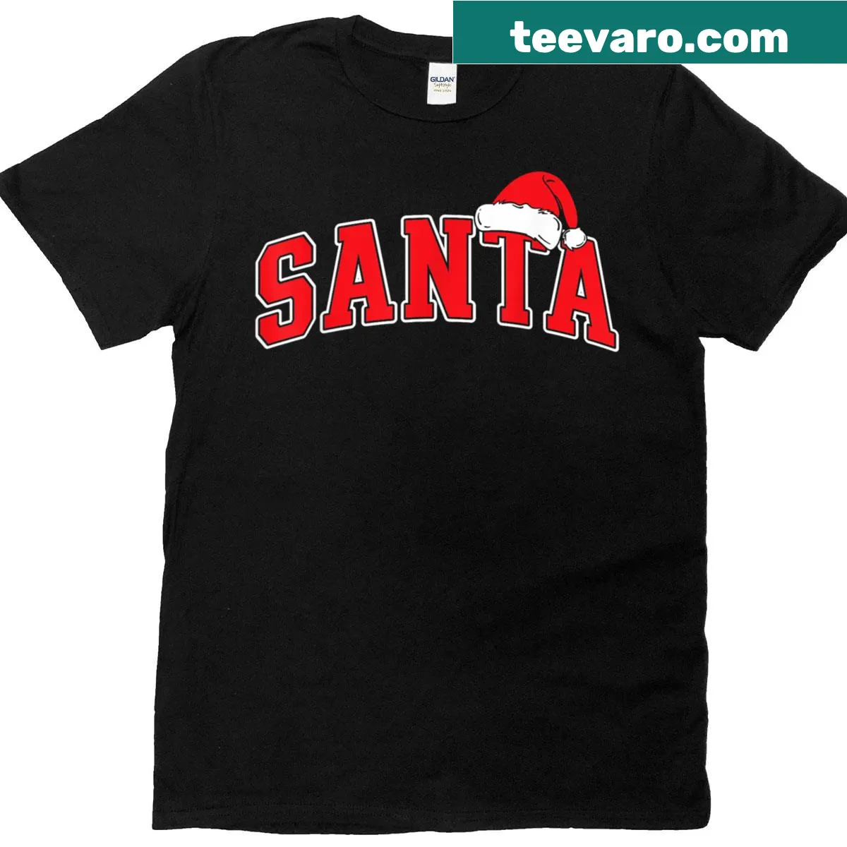 Santa-themed T-shirt with varsity-style text and a Santa hat graphic — on a men's t-shirt