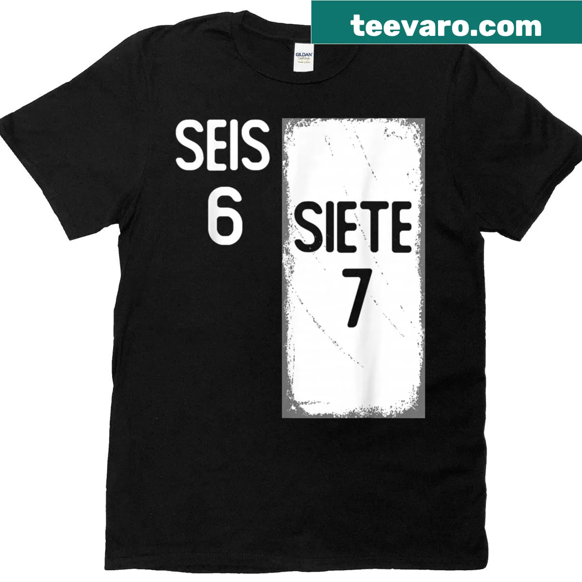 Funny T-shirt for Spanish teachers featuring 'Seis Siete 67' — on a men's t-shirt