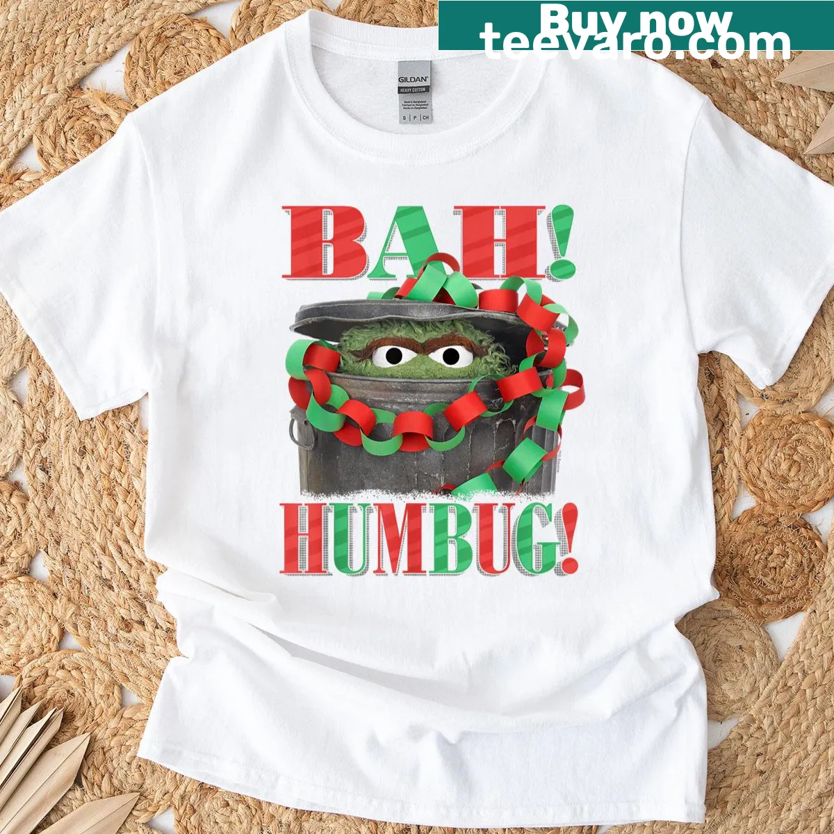 Christmas T-shirt with Oscar the Grouch and 'Bah Humbug' text — on a men's t-shirt