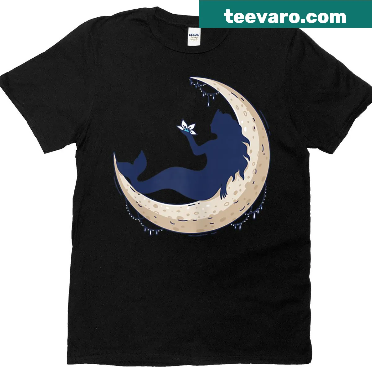 Silhouette of a mermaid on a crescent moon design — on a men's t-shirt