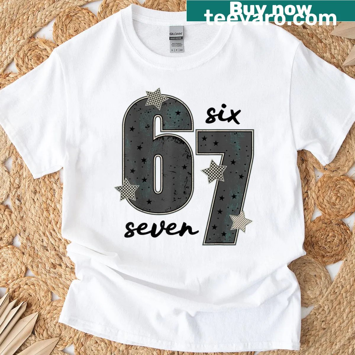 Funny meme T-shirt featuring 'Six Seven 6 7' text — on a men's t-shirt
