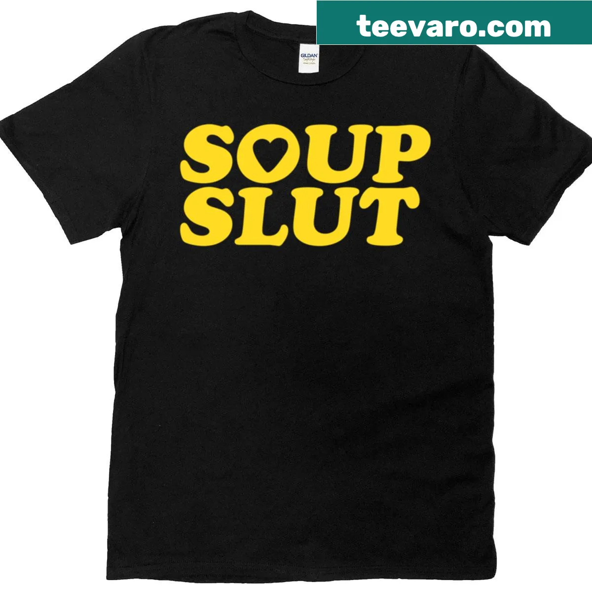 Funny food humor T-shirt with hearts and soup saying — on a men's t-shirt