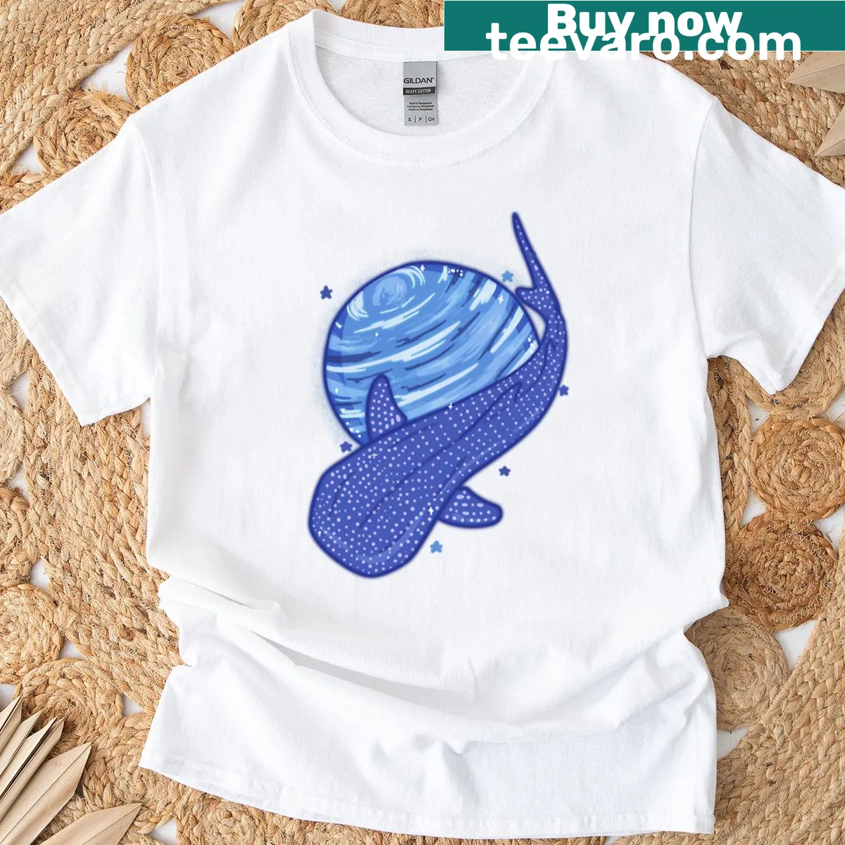 Illustrative T-shirt of a whale shark swimming in space — on a men's t-shirt