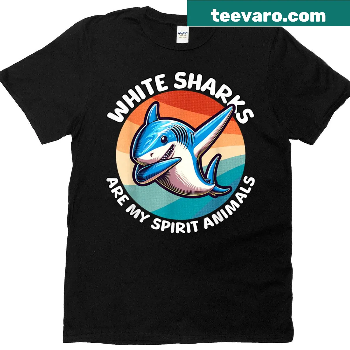 Illustration of a white shark representing a spirit animal — on a men's t-shirt