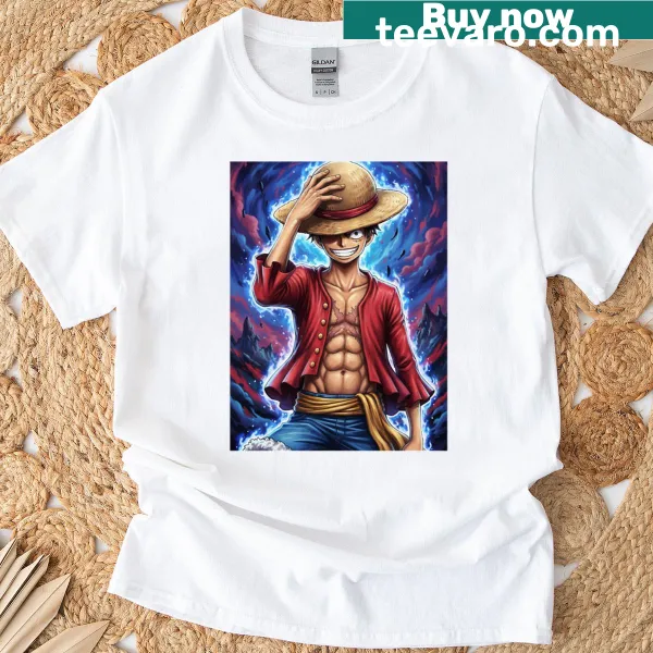 Cartoon-style T-shirt of Luffy in a heroic pose