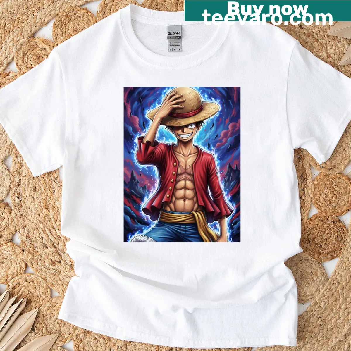 Cartoon-style T-shirt of Luffy in a heroic pose — on a men's t-shirt